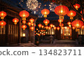 Chinese red lantern and fireworks in the night of Chinese New Year of happiness 134823711