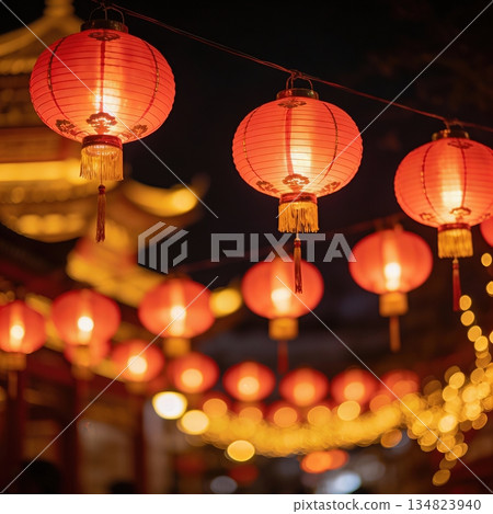 Lunar New Year Festival: Vibrant Red Lanterns, traditional Chinese symbols of happiness Lunar New Year Festival: Vibrant Red Lanterns, traditional Chinese symbols of happiness 134823940