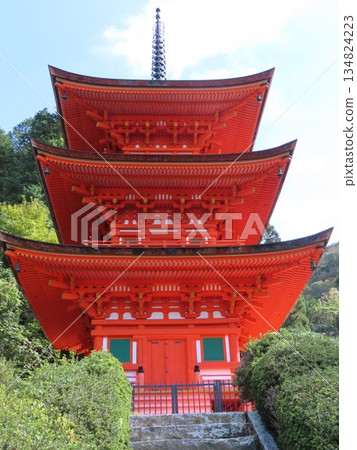 岡山縣最古老的木造建築－牧山長福寺，是國家指定的重要文化財產，其鮮豔的朱紅色三層寶塔在綠色的森林中格外醒目。 134824223