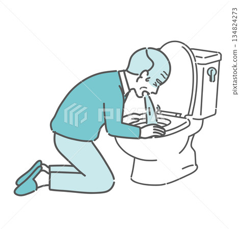 Illustration of an elderly man vomiting violently in the toilet 134824273