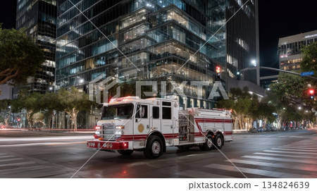 Fire truck responding to an emergency in a rainy urban setting at night 134824639