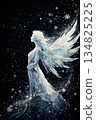 Ethereal Winter Angel: Graceful White-Winged Female Figure with Flowing Hair, Twinkling Snowflakes on Black Background for Holiday Cards, Fantasy Posters, Seasonal Decor, Magical Illustrations 134825225