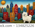 Charming Knitted Wool Cityscape with Fluffy Pomeranian Dog: Crocheted Multicolored Skyscrapers, Sunny Sky, Green Hills, Textured Trees on Lush Grass for Whimsical Children's Books, Fun Posters, 134825226