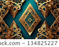 Luxurious 3D Ornate Gold Frame Design: Intricate Filigree Baroque Patterns and Elegant Embossed Details on Rich Teal Background 134825227