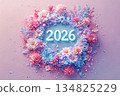 3D Floral Wreath Framing 2026 New Year Numbers in Pink, Blue and White Dahlia Blooms, Delicate Petals at Gentle Pink Background for Holiday Greetings, Calendar Designs, Festive Posters 134825229