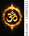 Mystical Golden Om Symbol with Radiant Fiery Aura:, Sparkling Golden Glow, Intricate Flame Effects, Ethereal Sparkles and Deep Black Background for Yoga Posters, Meditation Graphics, Spiritual Decor 134825231