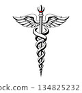 Classic Caduceus Medical Symbol: White Winged Staff with Two Coiled Serpents, Red Fiery Crown Top, Clean Line Art Design on Transparent Background for Healthcare and Pharmacy Branding 134825232