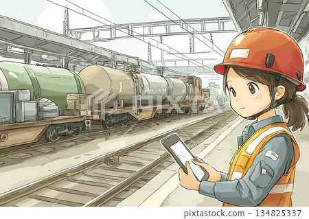 圖解：一名女性物流人員正在檢查貨運列車 134825337