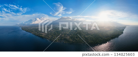 Panoramic view of coastline with volcano and in Bali Panoramic view of coastline with volcano and in Bali 134825603