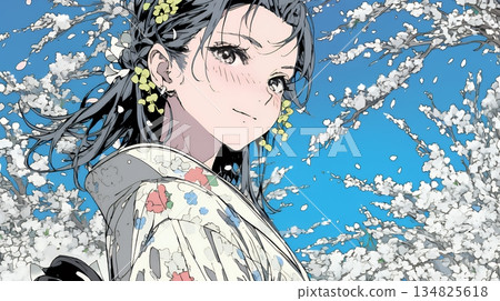 盛開的梅花和一位身著和服的年輕女子 134825618