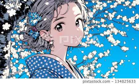 盛開的梅花和一位身著和服的年輕女子 134825633