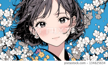 Plum blossoms in full bloom and a young woman in a kimono 134825634