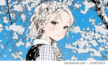 盛開的梅花和一位身著和服的年輕女子 134825635