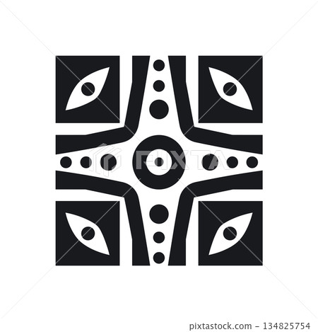 Graphic design of black square shows cross shape and stylized eye motifs Graphic design of black square shows cross shape and stylized eye motifs 134825754
