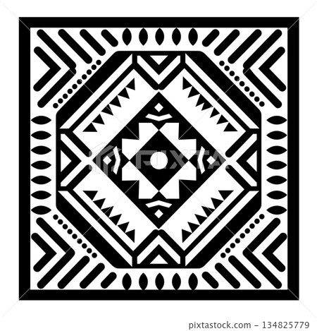 Black and white geometric Aztec pattern centered in a square frame 134825779