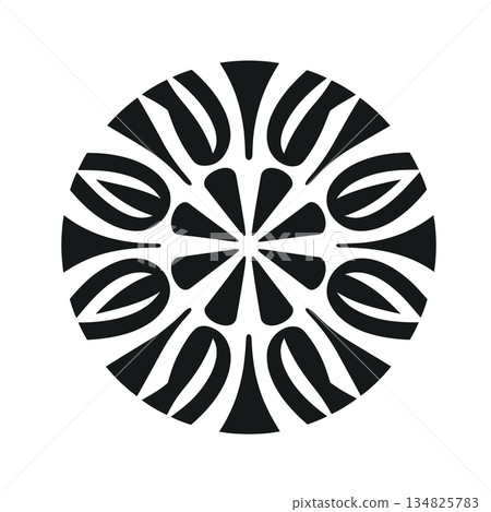 Circular pattern with geometric and floral elements in black and white Circular pattern with geometric and floral elements in black and white 134825783