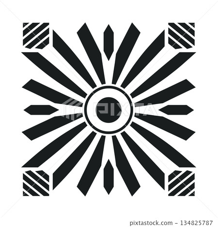 Geometric starburst design in black and white with striped square accents 134825787