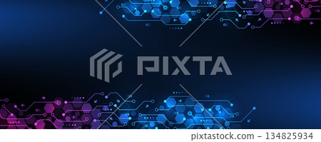 Digital tech motherboard texture design. Creative idea banner concept for internet technology. Software coding. Engineering concept for poster, cover, banner, header, web, presentation template 134825934