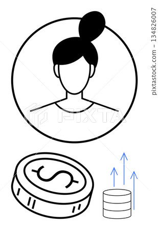 Personal finance, business growth, economic strategy, digital identity, wealth management, financial improvement. A female profile alongside coin and growth symbols. Personal finance and business Personal finance, business growth, economic strategy, digital identity, wealth management, financial improvement. A female profile alongside coin and growth symbols. Personal finance and business 134826007