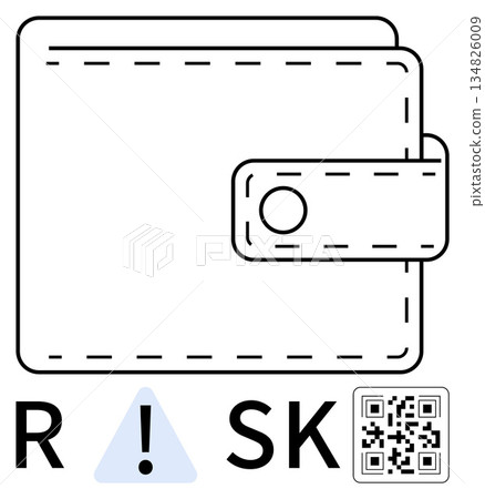 Financial safety, digital banking, payment security, risk assessment, online transactions, data protection. Black outline of a wallet, warning sign QR code. Financial safety and payment security 134826009