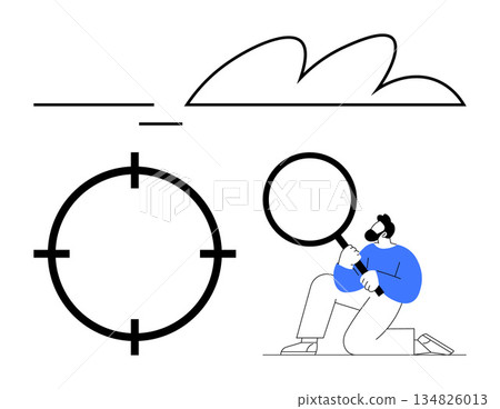 Research, focus, analysis, goal-setting, discovery, exploration. A person kneeling and holding a magnifying glass near a target and cloud. Research and focus concept in modern graphic style 134826013