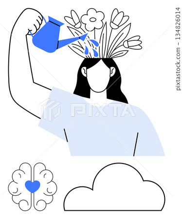 Self-care, mindfulness, personal growth, emotional well-being, mental health, positivity. Woman watering plants growing from her head, brain with heart and cloud icon. Self-care and mindfulness 134826014