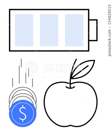 Energy efficiency, savings, nutrition, sustainability, balance, lifestyle. Battery icon, falling coins apple with leaf. Energy efficiency and savings by battery and coins dropping Energy efficiency, savings, nutrition, sustainability, balance, lifestyle. Battery icon, falling coins apple with leaf. Energy efficiency and savings by battery and coins dropping 134826015