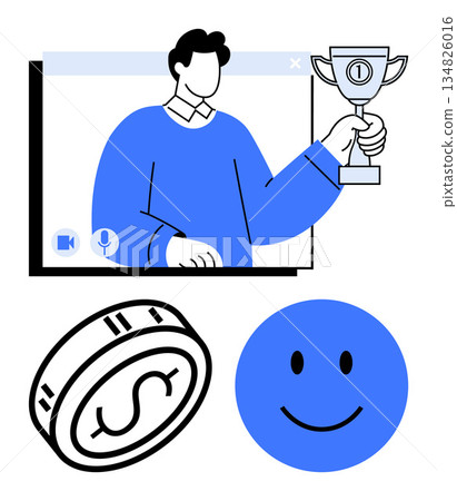 Online success, financial recognition, achievement, e-learning, digital rewards, virtual communication. A person holding a trophy via video, coin illustration and happy face. Online success 134826016