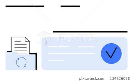 Business operations, data processing, digital organization, workflow management, online tools, file authentication. A folder with rotating arrows and a large verification checkmark. Data processing 134826028