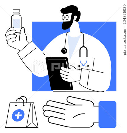 Telemedicine, healthcare, medical services, e-prescription, online pharmacy, patient support. Doctor holding a tablet and a medicine bottle near shopping bag and hand. Telemedicine and healthcare 134826029