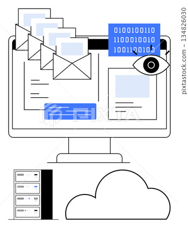 Data security, cloud storage, online communication, email management, information monitoring, digital technology. ion of emails, a server cloud storage. Data security and cloud storage concept 134826030