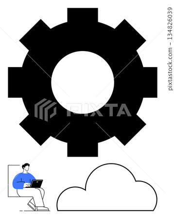 Technology, cloud computing, innovation, remote work, software development, data storage. Gear icon, cloud shape seated person with laptop. Technology and cloud computing concept 134826039