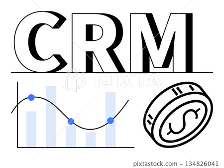 Customer relationship management, data visualization, financial planning, business analytics, sales strategy, marketing optimization. CRM letters, chart and coin icon. Customer relationship Customer relationship management, data visualization, financial planning, business analytics, sales strategy, marketing optimization. CRM letters, chart and coin icon. Customer relationship 134826041