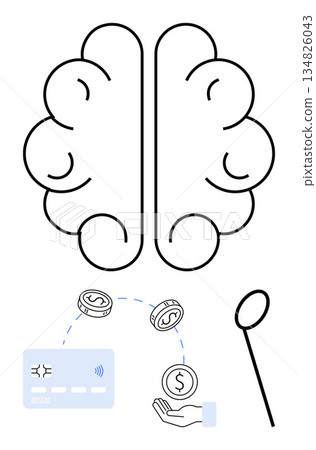Financial technology, creative economy, economic innovation, electronic payments, AI solutions, future design. A brain outline, coins a credit card and a hand. Financial technology and creative Financial technology, creative economy, economic innovation, electronic payments, AI solutions, future design. A brain outline, coins a credit card and a hand. Financial technology and creative 134826043