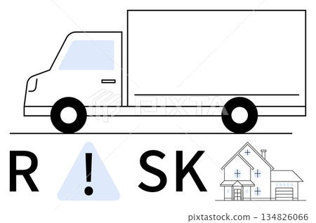 Transportation, logistics, risk assessment, insurance, real estate, safety. Truck and warning sign near a house. Transportation logistics and risk assessment concept Transportation, logistics, risk assessment, insurance, real estate, safety. Truck and warning sign near a house. Transportation logistics and risk assessment concept 134826066