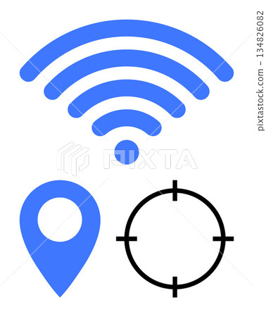 Wireless networking, location services, GPS tracking, internet access, digital targeting, mobile applications. wireless symbol, map pin and crosshair icon. Wireless networking and location services Wireless networking, location services, GPS tracking, internet access, digital targeting, mobile applications. wireless symbol, map pin and crosshair icon. Wireless networking and location services 134826082