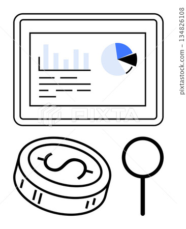 Business strategy, data-driven decisions, financial growth, market analysis, economic insights, investment planning. Tablet with chart, coin magnifying glass. Business strategy and financial growth 134826108