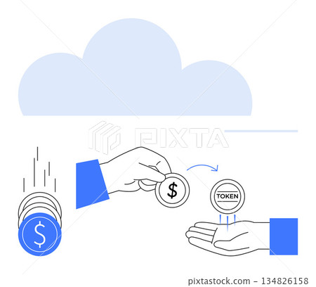 Cryptocurrency, fintech, cloud storage, digital payments, blockchain, token exchange. A hand holding and passing currency tokens under a cloud icon. Cryptocurrency and fintech concepts 134826158