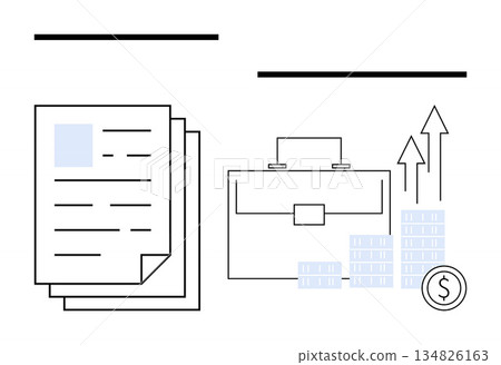 Business development, financial strategy, investment planning, corporate management, economic growth, professional tools. Graph showing rising trends, briefcase documents and coin stack. Business Business development, financial strategy, investment planning, corporate management, economic growth, professional tools. Graph showing rising trends, briefcase documents and coin stack. Business 134826163