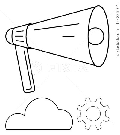 Communication tools, teamwork strategies, cloud technology, marketing ideas, automation concepts, project management. Outline of a megaphone, cloud and gear. Communication and cloud technology 134826164