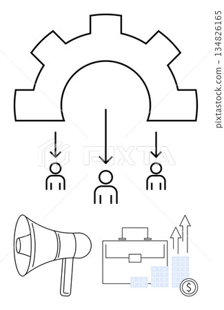 Business management, marketing strategies, communication, organizational structure, workflow optimization, financial growth. Illustration of gear leading to people, megaphone, briefcase Business management, marketing strategies, communication, organizational structure, workflow optimization, financial growth. Illustration of gear leading to people, megaphone, briefcase 134826165