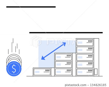 Data storage solutions, financial investments, IT infrastructure, cloud computing, technology growth, business scalability. A stack of servers with growth arrows and a falling coin symbol. Data 134826185