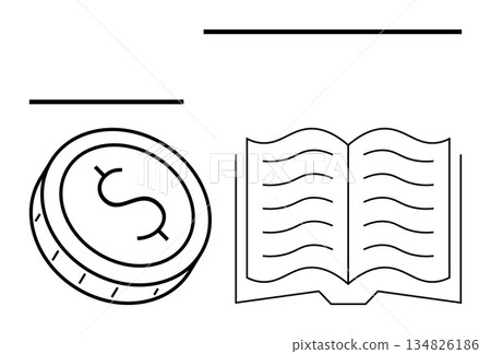 Education, finance, business learning, investment planning, knowledge economy, literacy. Line art of an open book and a dollar coin. Education and finance concept Education, finance, business learning, investment planning, knowledge economy, literacy. Line art of an open book and a dollar coin. Education and finance concept 134826186
