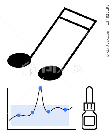 Music trends, data analysis, streaming, statistics, sound metrics, health research. Musical note, graph with data points and dropper icon. Music trends and data analysis concepts 134826195