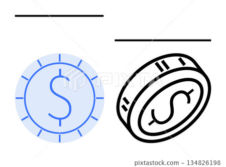 Finance, investment, savings, currency, cryptocurrency, transactions. Two coin graphics, one in flat design one in outline. Finance and investment concepts illustrated with coin imagery 134826198