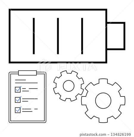 Energy efficiency, workflow, task automation, productivity, industry, manufacturing. Battery icon, gears and a checklist with checkmarks. Energy efficiency and workflow concepts for productivity Energy efficiency, workflow, task automation, productivity, industry, manufacturing. Battery icon, gears and a checklist with checkmarks. Energy efficiency and workflow concepts for productivity 134826199