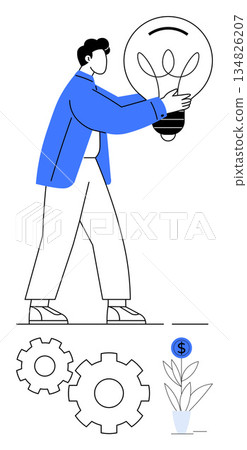 Innovation, business strategy, financial growth, creativity, teamwork, entrepreneurship. Man holding a lightbulb, gears plant with dollar symbol. Innovation and business strategy concepts Innovation, business strategy, financial growth, creativity, teamwork, entrepreneurship. Man holding a lightbulb, gears plant with dollar symbol. Innovation and business strategy concepts 134826207