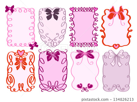 Lace wavy wedding frames set with bows and hearts. Vintage collection of hand drawn rectangular borders. Elegant designs, cute linear background decor, simple card decorations. Invitations cards. Lace wavy wedding frames set with bows and hearts. Vintage collection of hand drawn rectangular borders. Elegant designs, cute linear background decor, simple card decorations. Invitations cards. 134826213