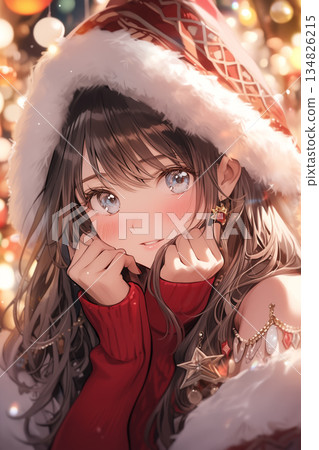 A beautiful anime girl wrapped in Christmas lights. A winter illustration of a Santa hat and red knit. A beautiful anime girl wrapped in Christmas lights. A winter illustration of a Santa hat and red knit. 134826215