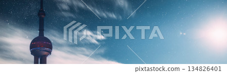 Ornate Details of the Iconic Oriental Pearl Tower Against Night Sky 134826401